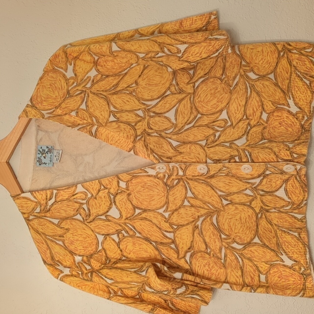 Tuleh Yellow Lemon Print Short-Sleeve Cardigan Sweater